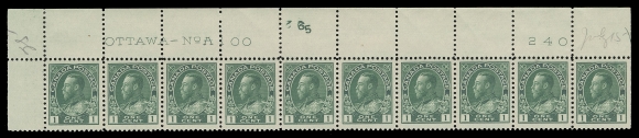 ADMIRAL STAMPS  104,Upper Left Plate 100 strip of ten with printing order number "265", well centered with deep colour, LH in margin, stamps NH, penciled "July 