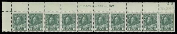 ADMIRAL STAMPS  104 shades,A nice lot of seven strips of ten with consecutive plate numbers - Plates 86 to 92; Plate 86 is a LL strip, others all UL corner position with printing order number; in four different shades of green, reasonably to quite well centered on four strips; Plate 86 with six NH, others LH in selvedge leaving all stamps NH, F-VF; each with penciled date of acquisition. (Unitrade cat. $6,580 as cheapest shade)
