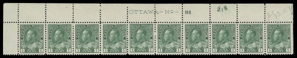 ADMIRAL STAMPS  104 shades,A nice lot of seven strips of ten with consecutive plate numbers - Plates 86 to 92; Plate 86 is a LL strip, others all UL corner position with printing order number; in four different shades of green, reasonably to quite well centered on four strips; Plate 86 with six NH, others LH in selvedge leaving all stamps NH, F-VF; each with penciled date of acquisition. (Unitrade cat. $6,580 as cheapest shade)