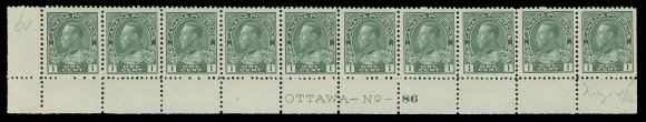 ADMIRAL STAMPS  104 shades,A nice lot of seven strips of ten with consecutive plate numbers - Plates 86 to 92; Plate 86 is a LL strip, others all UL corner position with printing order number; in four different shades of green, reasonably to quite well centered on four strips; Plate 86 with six NH, others LH in selvedge leaving all stamps NH, F-VF; each with penciled date of acquisition. (Unitrade cat. $6,580 as cheapest shade)