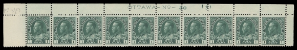 ADMIRAL STAMPS  104c,A remarkably fresh, well centered upper left Plate 30 strip of ten with printing order number "131"; a very elusive shade. Faint natural gum skip at top, LH in selvedge, all stamps NH, VF, date of acquisition at left. (Unitrade cat. $1,200 as hinged)