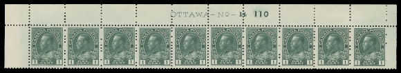 ADMIRAL STAMPS 104b,Upper left Plate 14 strip of ten with printing order number "110", in a beautiful radiant colour on fresh paper, LH in selvedge, stamps F-VF NH (Unitrade cat. $1,050)