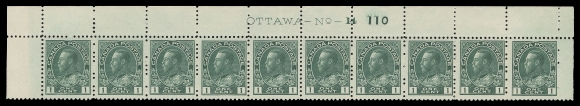 ADMIRAL STAMPS  104b,Upper left Plate 14 strip of ten with printing order number "110", in a beautiful radiant colour on fresh paper, LH in selvedge, stamps F-VF NH (Unitrade cat. $1,050)