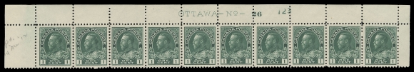 ADMIRAL STAMPS  104b,Four brilliant fresh matching upper left plate strips of ten with consecutive plate numbers 23 to 26; all with nearly VF centering, hinged in selvedge only leaving all stamps NH, distinctive rich colour; each with printing order number hand-punched at right, last two with penciled date of acquisition, F-VF (Unitrade cat. $4,200)