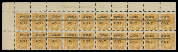 ADMIRAL STAMPS  105d,Matching upper left Plate 192 & 193 strips of twenty, precancelled London Style 3 (Standard Precancel #3-105d) former with small etched "H" above "R" in "R.E.B.", minor perf separation in selvedge, both with first column hinged, leaving eighteen F-VF NH