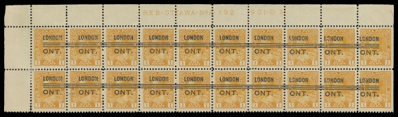 ADMIRAL STAMPS 105d,Matching upper left Plate 192 & 193 strips of twenty, precancelled London Style 3 (Standard Precancel #3-105d) former with small etched "H" above "R" in "R.E.B.", minor perf separation in selvedge, both with first column hinged, leaving eighteen F-VF NH