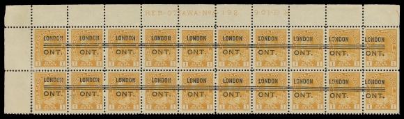 ADMIRAL STAMPS  105d,Matching upper left Plate 192 & 193 strips of twenty, precancelled London Style 3 (Standard Precancel #3-105d) former with small etched "H" above "R" in "R.E.B.", minor perf separation in selvedge, both with first column hinged, leaving eighteen F-VF NH