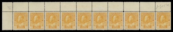 ADMIRAL STAMPS  105f,Matching upper left Plates 186 & 187 strips of ten with printing order number, light impression of the imprint typical on these elusive Die I dry printings, left margin and straight edged stamps hinged leaving nine NH; a very scarce duo, penciled same-day "July 16 