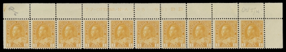 ADMIRAL STAMPS  105d,Matching upper right strips of ten with consecutive plate numbers 183 to 185, first and last with nearly VF centering, Plate 184 well centered; each displays bright fresh colour, hinged in selvedge with faint trace of hinge mark on straight edged stamp, other nine NH, F-VF, each with pencil date of acquisition. (Unitrade cat. $1,790)