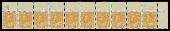 ADMIRAL STAMPS  105d,Matching upper right strips of ten with consecutive plate numbers 183 to 185, first and last with nearly VF centering, Plate 184 well centered; each displays bright fresh colour, hinged in selvedge with faint trace of hinge mark on straight edged stamp, other nine NH, F-VF, each with pencil date of acquisition. (Unitrade cat. $1,790)