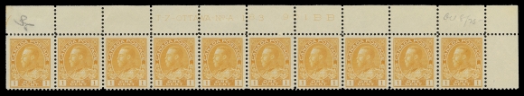 ADMIRAL STAMPS 105d,Matching upper right strips of ten with consecutive plate numbers 183 to 185, first and last with nearly VF centering, Plate 184 well centered; each displays bright fresh colour, hinged in selvedge with faint trace of hinge mark on straight edged stamp, other nine NH, F-VF, each with pencil date of acquisition. (Unitrade cat. $1,790)