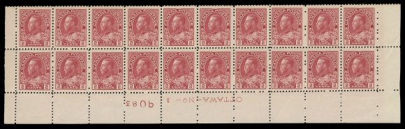 ADMIRAL STAMPS  106c,A mint Lower Right Plate 1 block of twenty, printing order number "83", hint of ageing along top perf tips, otherwise remarkably fresh, well centered for such a large plate multiple, in a very distinctive shade resembling the elusive pink colour, full pristine original gum. The largest recorded 2 cent multiple from Plate 1 according to Glen Lundeen plate census on the BNAPS website, VF NH (Unitrade cat. $2,400+)