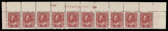 ADMIRAL STAMPS  106ii,Matching upper right Plates 27 & 28 strips of ten with printing order number "138", LH in selvedge only, stamps NH; both with penciled "Apl 28 / 13" date of acquisition at right, F-VF (Unitrade cat. $1,700)
