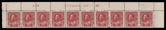 ADMIRAL STAMPS 106ii,A fabulous, well centered upper right Plate 46 strip of ten, printing order number "195" at left, amazing colour distinctive among the myriad shades found on this particular stamp, LH in selvedge, stamps with full immaculate original gum; penciled "9 Nov 16" date of acquisition, VF+ NH (Unitrade cat. $1,500+)