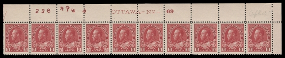 ADMIRAL STAMPS  106,An exceptionally fresh mint Upper Right Plate 69 strip of ten, initial printing order number "174" defaced by hand-punching, new number "236" at left, quite well centered with amazing colour, LH in selvedge only, stamps NH, VF+ (Unitrade cat. $1,200)