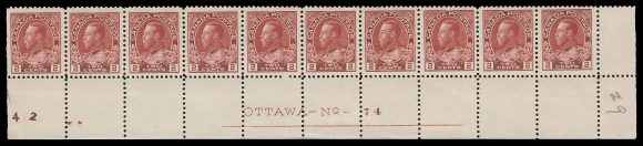 ADMIRAL STAMPS  106iv,Lower right mint Plate 74 strip of ten in the scarcer shade, portion of printing order number "242" at left, rich colour and well centered with five stamps NH. An attractive plate multiple with the elusive shade, VF (Unitrade cat. $1,400)