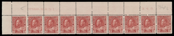 ADMIRAL STAMPS  106iv,Matching upper left Plates 91 and 92 strips of ten with printing order number "348" at right, latter in a somewhat deeper shade and well centered, former with minor perf separation in the selvedge and reasonably centered. Both strips with penciled "29 Sept. 16" date of acquisition, LH in selvedge leaving all stamps NH; a very scarce duo, F-VF (Unitrade cat. $3,270)