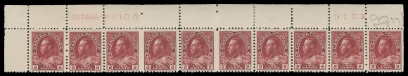 ADMIRAL STAMPS  106 shades,A quartet of plate strips of ten with consecutive plate numbers -- UL Plate 104, 105 & 106 and UR Plate 107. Two shades shown; Plate 104 well centered with eight NH, others hinged in selvedge leaving stamps NH, Plate 106 has perf separation strengthened by a hinge, F-VF; first three with pencil date of acquisition. (Unitrade 106 shades; cat. $2,710)