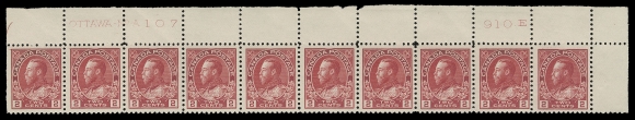 ADMIRAL STAMPS  106 shades,A quartet of plate strips of ten with consecutive plate numbers -- UL Plate 104, 105 & 106 and UR Plate 107. Two shades shown; Plate 104 well centered with eight NH, others hinged in selvedge leaving stamps NH, Plate 106 has perf separation strengthened by a hinge, F-VF; first three with pencil date of acquisition. (Unitrade 106 shades; cat. $2,710)