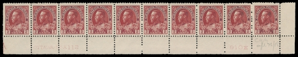 ADMIRAL STAMPS  106,A well centered mint lower right Plate 112 strip of ten, rich colour with large margins, other eight stamps NH; penciled "Apl 28 / 18" date of acquisition, VF LH (Unitrade cat. $1,040)