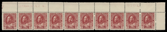 ADMIRAL STAMPS  106,A brilliant fresh quartet of consecutive plate numbered strips of ten: UL Plate 123 VF, UR Plate 124 VF (tiny surface scuff on one), 125 and 126 F-VF. First three LH or small hinge in selvedge leaving all stamps NH, Plate 126 with eight NH. Three plates show penciled date of acquisition, F-VF to VF (Unitrade cat. $3,710)