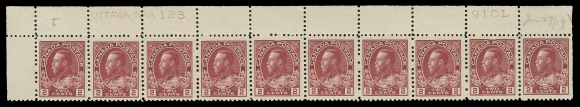 ADMIRAL STAMPS  106,A brilliant fresh quartet of consecutive plate numbered strips of ten: UL Plate 123 VF, UR Plate 124 VF (tiny surface scuff on one), 125 and 126 F-VF. First three LH or small hinge in selvedge leaving all stamps NH, Plate 126 with eight NH. Three plates show penciled date of acquisition, F-VF to VF (Unitrade cat. $3,710)