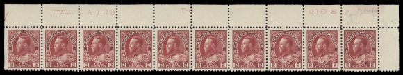 ADMIRAL STAMPS  106,Well centered and fresh upper right Plate 129 strip of ten, natural diagonal bends on one stamp, LH in selvedge only, stamps VF NH (Unitrade cat. $1,200)