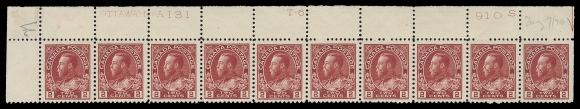 ADMIRAL STAMPS  106 + shade,An attractive quartet of consecutive plate numbered strips of ten: UR Plate 130, UL Plates 131, 132 and 133. First plate with eight  NH; next three strips LH in selvedge only. Two shades observed, Plate 132 in an unusual brighter shade; all strips noticeably well centered, each with penciled date of acquisition, VF (Unitrade cat. $4,640)