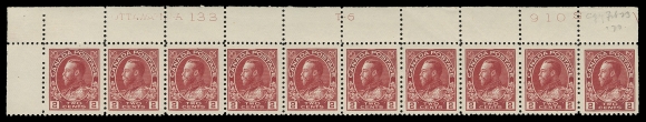 ADMIRAL STAMPS  106 + shade,An attractive quartet of consecutive plate numbered strips of ten: UR Plate 130, UL Plates 131, 132 and 133. First plate with eight  NH; next three strips LH in selvedge only. Two shades observed, Plate 132 in an unusual brighter shade; all strips noticeably well centered, each with penciled date of acquisition, VF (Unitrade cat. $4,640)