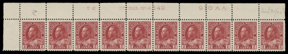 ADMIRAL STAMPS  106iii,An exceptionally well centered, post office upper left Plate 149 strip of ten, LH in margin only, stamps NH. A beautiful plate strip, XF (Unitrade cat. $1,200+)