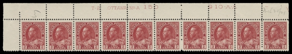 ADMIRAL STAMPS  106iii,Choice, well centered mint UL Plate 150 & UR Plate 151 strips of ten, exceptional fresh colour, LH in selvedge leaving all stamps NH; both with penciled date of acquisition. An attractive duo, VF+ (Unitrade cat. $2,400)