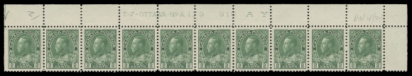 ADMIRAL STAMPS  107,An unusually choice upper right Plate 179 strip of ten, vibrant colour on fresh paper, well centered, faint hinging on straight edged stamp leaving nine VF NH; with penciled "Oct 21 / 24" date of acquisition. (Unitrade cat. $1,500)