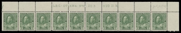 ADMIRAL STAMPS  107iv,Matching pair of upper right Plates 202 & 203 strips of ten, brilliant fresh colour, well centered, former with light pencil numbers in selvedge, folded vertically along perfs at centre, both with straight edged stamp hinged leaving nine NH, VF; Plate 203 with penciled "July 10 / 26" date of acquisition. (Unitrade cat. $1,680)