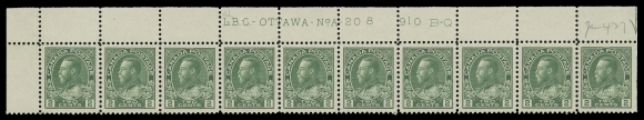 ADMIRAL STAMPS  107iv,Post office fresh and choice, matching pair of upper right Plates 208 & 209 strips of ten, well centered, former with lightly etched "A.L." above "L.B.C.", both with trace of hinging on straight edged stamp leaving nine NH, penciled "Jan 4 / 27" date of acquisition, VF (Unitrade cat. $1,680)