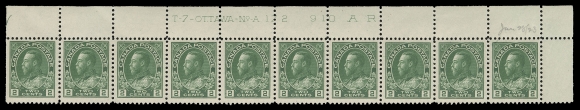 ADMIRAL STAMPS  107ii,Matching pair of upper right Plates 171 & 172 strips of ten with  post office rich colour, quite well centered, former with couple  stamps with minor gum wrinkle, small marginal tear above stamp  position 8; both strips with faint hinging on straight edged  stamp leaving other nine NH, VF; each with same-day "Jan 28 / 23" date of acquisition. (Unitrade cat. $2,800)