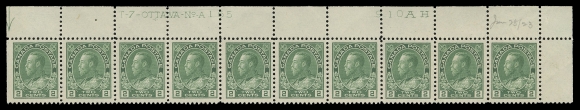 ADMIRAL STAMPS  107, 107ii,Four plate strips of ten with consecutive numbers: UR Plate 163, VF, UL Plate 164, F-VF, UR Plates 165 & 166 VF; first two plates in green shade, last two in a distinctive bright yellow green shade. All four strips LH in selvedge and on straight edged stamp, Plate 164 with pos. 1 LH as well. A beautiful group, VF; each with penciled date of acquisition. (Unitrade cat. $4,940)