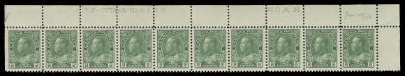 ADMIRAL STAMPS 107, 107ii,Four plate strips of ten with consecutive numbers: UR Plate 163, VF, UL Plate 164, F-VF, UR Plates 165 & 166 VF; first two plates in green shade, last two in a distinctive bright yellow green shade. All four strips LH in selvedge and on straight edged stamp, Plate 164 with pos. 1 LH as well. A beautiful group, VF; each with penciled date of acquisition. (Unitrade cat. $4,940)
