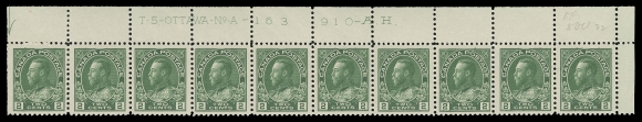 ADMIRAL STAMPS  107, 107ii,Four plate strips of ten with consecutive numbers: UR Plate 163, VF, UL Plate 164, F-VF, UR Plates 165 & 166 VF; first two plates in green shade, last two in a distinctive bright yellow green shade. All four strips LH in selvedge and on straight edged stamp, Plate 164 with pos. 1 LH as well. A beautiful group, VF; each with penciled date of acquisition. (Unitrade cat. $4,940)