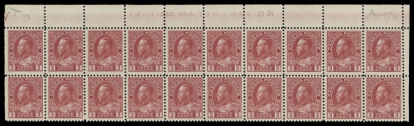 ADMIRAL STAMPS  109,Consecutive, matching trio of plate blocks of twenty: Plates 137, 138, 139 from the Upper Right pane position; penciled dates of acquisition. Each strip with rich fresh colour, LH on one or two stamps, F-VF (Unitrade cat. $3,160)