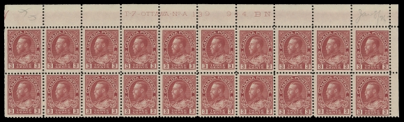 ADMIRAL STAMPS  109,Consecutive, matching trio of plate blocks of twenty: Plates 137, 138, 139 from the Upper Right pane position; penciled dates of acquisition. Each strip with rich fresh colour, LH on one or two stamps, F-VF (Unitrade cat. $3,160)