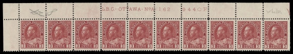 ADMIRAL STAMPS  109c,Two highly select, matching plate strips of the scarce die: Plates 162 and 163 Upper Left positions; penciled "20 Mch 26" date of acquisition. Both well centered with deep rich colour, penciled number at top left, all stamps NH. A rare duo of the plate numbered multiple of the scarcer die, VF LH (Unitrade cat. $4,200)