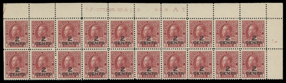 ADMIRAL STAMPS  140,A fresh Plate 116 block of twenty from upper right pane, reasonably centered with full original gum, F-VF NH and scarce. (Unitrade cat. $1,485)