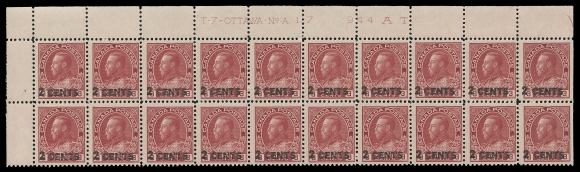 ADMIRAL STAMPS  139,Post office fresh Plate 117 block of twenty from upper left pane, a scarce intact plate block, Fine+ NH (Unitrade cat. $1,590)