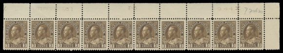 ADMIRAL STAMPS  108,A matching pair of plate strips of ten: Plates 60 & 61 from the Upper Right pane position; penciled "7 Feb 20" date of acquisition. Both with minor perf separation, LH in selvedge only, former plate with small marginal tear at top and light vertical bend through fifth stamp, otherwise stamps are well centered and choice with pristine original gum, VF NH (Unitrade cat. $3,000)
