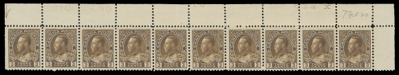ADMIRAL STAMPS  108,A matching pair of plate strips of ten: Plates 60 & 61 from the Upper Right pane position; penciled "7 Feb 20" date of acquisition. Both with minor perf separation, LH in selvedge only, former plate with small marginal tear at top and light vertical bend through fifth stamp, otherwise stamps are well centered and choice with pristine original gum, VF NH (Unitrade cat. $3,000)
