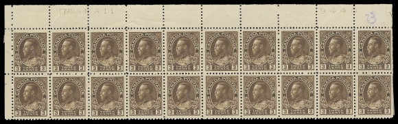 ADMIRAL STAMPS 108,Upper Left Plate 11 block of twenty in a rich brown shade on fresh paper, hinged on straight edge stamps and in left margin, tiny gum thin on position 9, small crayon number top right, seventeen stamps are NH. Quite well centered and seldom seen early plate numbers, VF (Unitrade cat. $2,700)