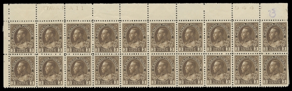 ADMIRAL STAMPS  108,Upper Left Plate 11 block of twenty in a rich brown shade on fresh paper, hinged on straight edge stamps and in left margin, tiny gum thin on position 9, small crayon number top right, seventeen stamps are NH. Quite well centered and seldom seen early plate numbers, VF (Unitrade cat. $2,700)