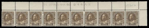 ADMIRAL STAMPS  108,A consecutive, matching trio of plate strips of ten: Plates 88, 89, 90 from the Upper Right pane position, first two with penciled "19 Nov 20" date of acquisition. Each with rich colour on fresh paper, minor perf separation, LH in selvedge only leaving all stamps NH, Fine+ (Unitrade cat. $600+)