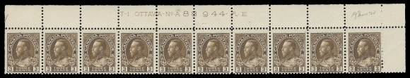 ADMIRAL STAMPS  108,A consecutive, matching trio of plate strips of ten: Plates 88, 89, 90 from the Upper Right pane position, first two with penciled "19 Nov 20" date of acquisition. Each with rich colour on fresh paper, minor perf separation, LH in selvedge only leaving all stamps NH, Fine+ (Unitrade cat. $600+)