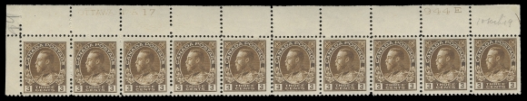 ADMIRAL STAMPS  108, 108b,A matching trio of plate strips of ten: Plates 15, 16, 17 from the Upper Left pane position; third strip with penciled date of  acquisition. Plate 15 & 16 strips in yellow brown shade, former  VF and latter Fine+; Plate 17 strip in brown shade, VF. Each  hinged in the margin and on straight edged stamp leaving nine NH.  An attractive and very scarce group, F-VF (Unitrade cat. $3,505)